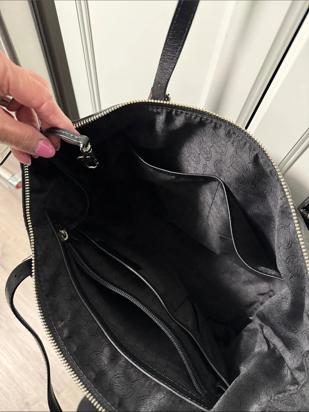 Michael Kors Black Logo Tote Bag- signature MK print; silver hardware